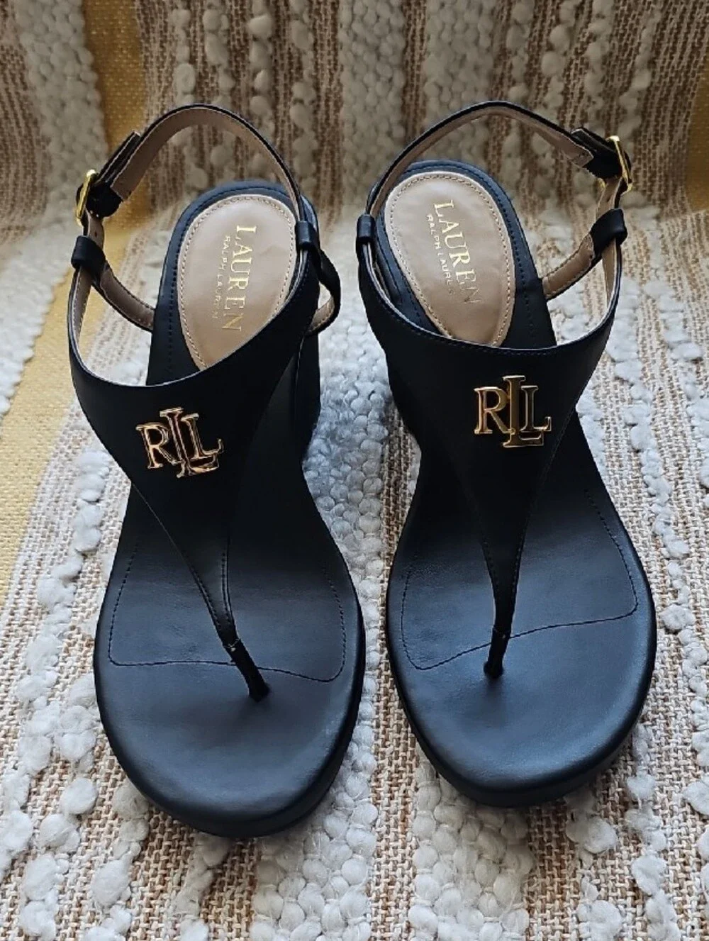 Lauren Ralph Lauren Black Gold RL Logo Wedge Sandals